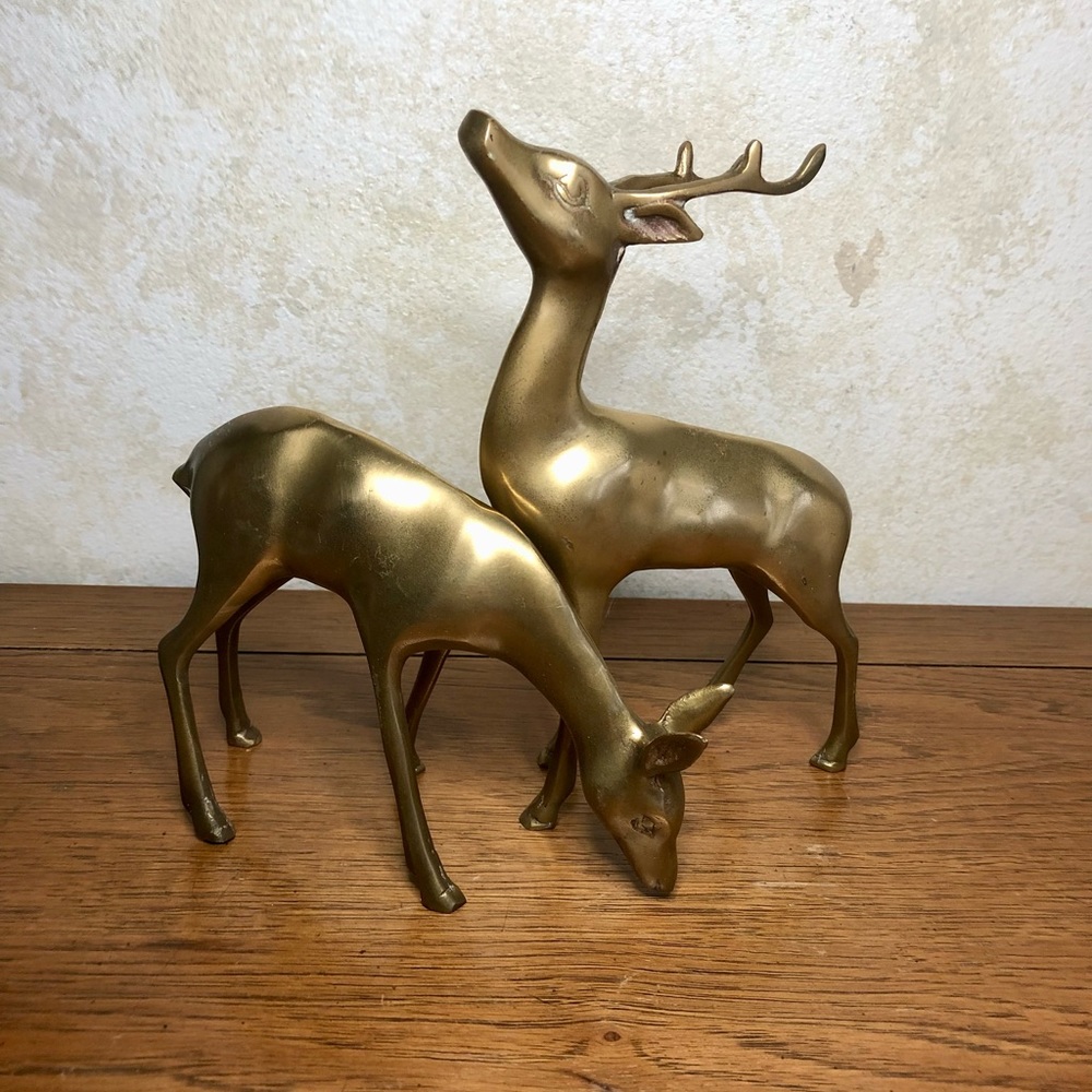 Vintage MCM brass deer buck and doe pair